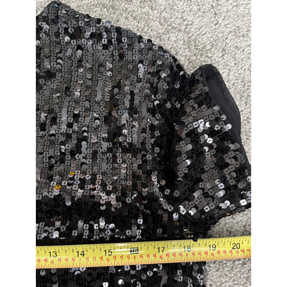EXPRESS Black Sequin Short Sleeve Top Small Boxy Glamorous Festive Party Blouse - Picture 7 of 8